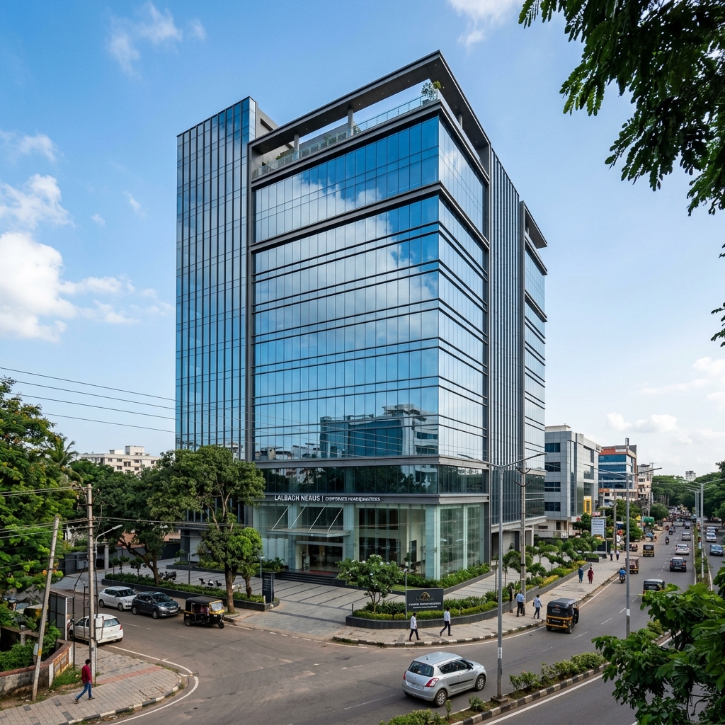 A commercial office building with a glass facade