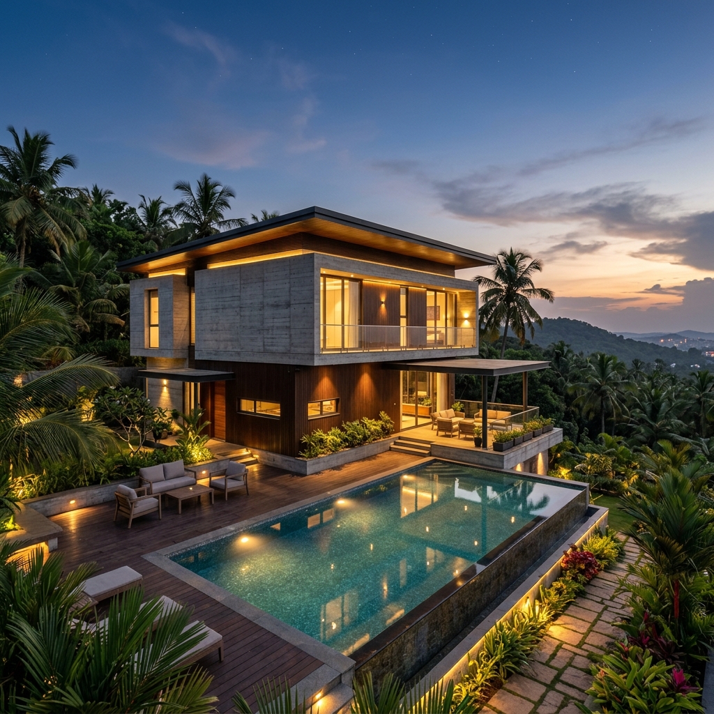 A tropical estate with a concrete and wood facade